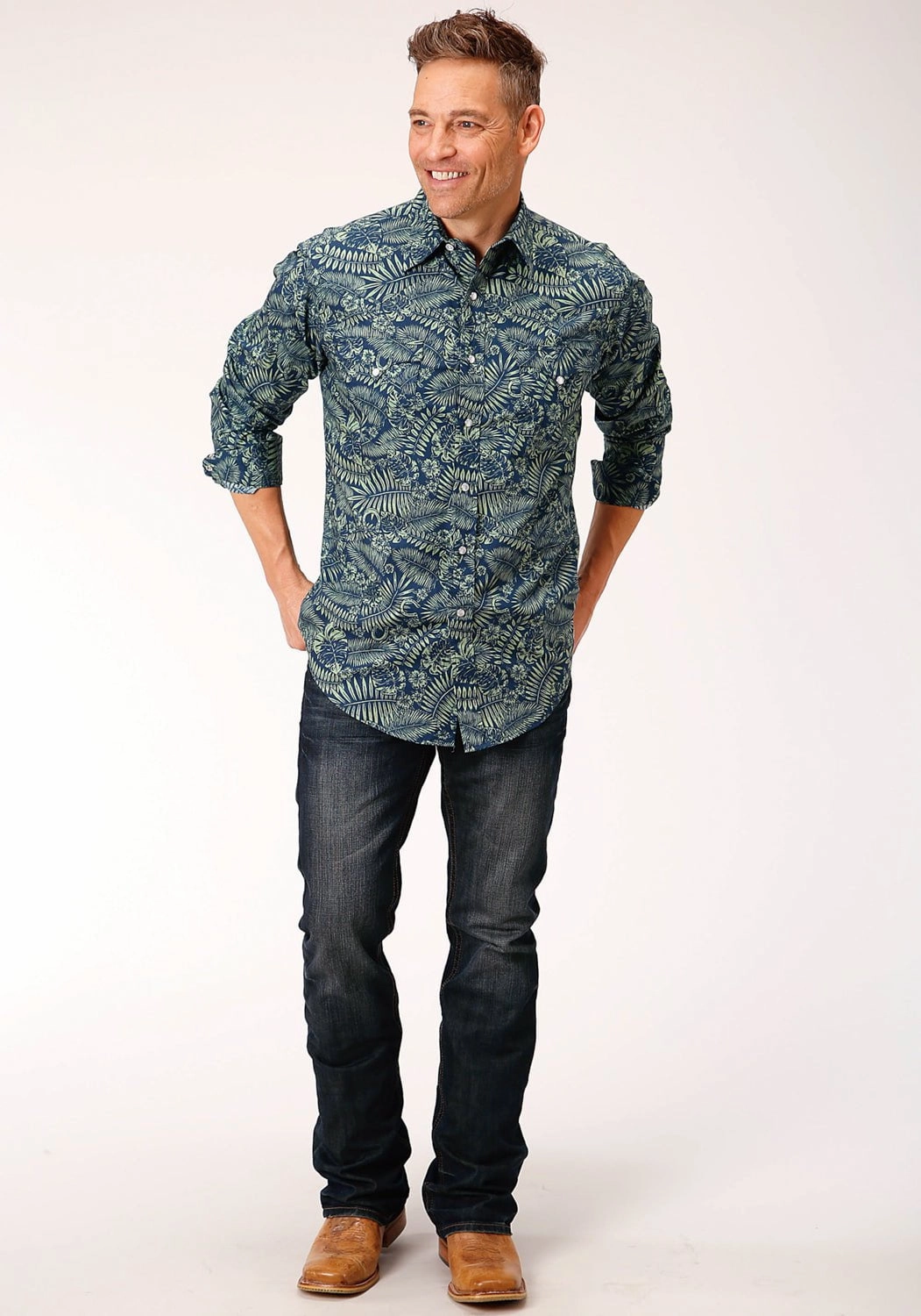 Roper Mens Lucky Tropical Print Green 100% Cotton L/S Shirt Mesh Insert