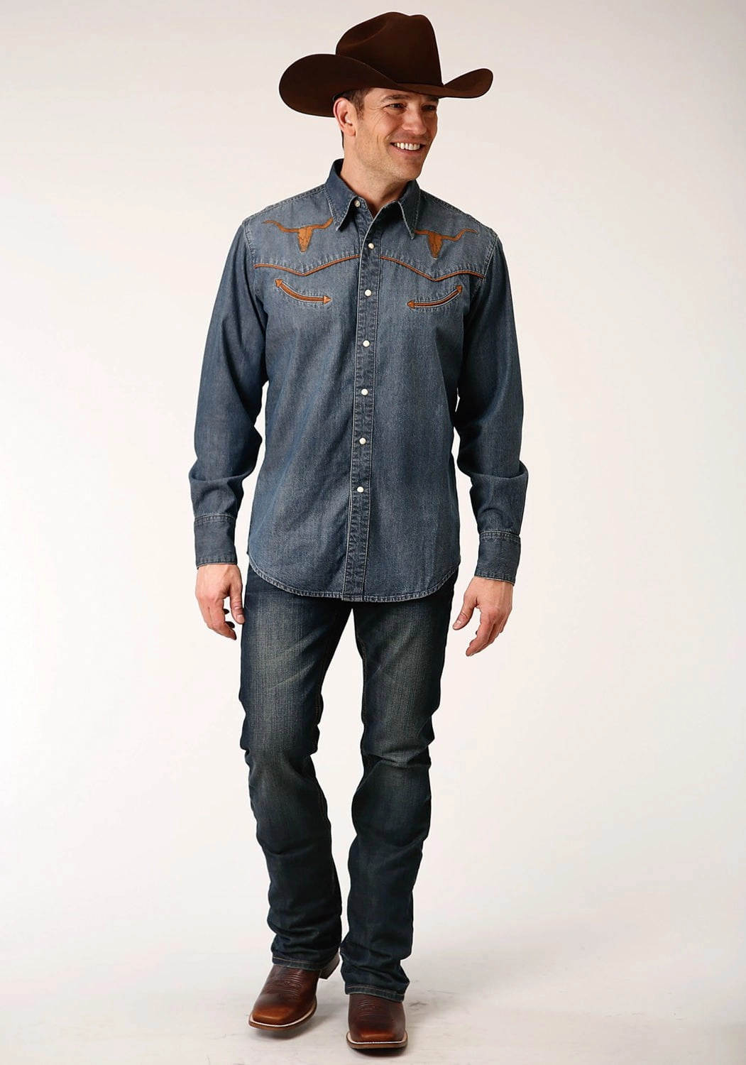 Double Stitched Hems Roper Mens Medium Wash Denim 100% Cotton Longhorns L/S Shirt