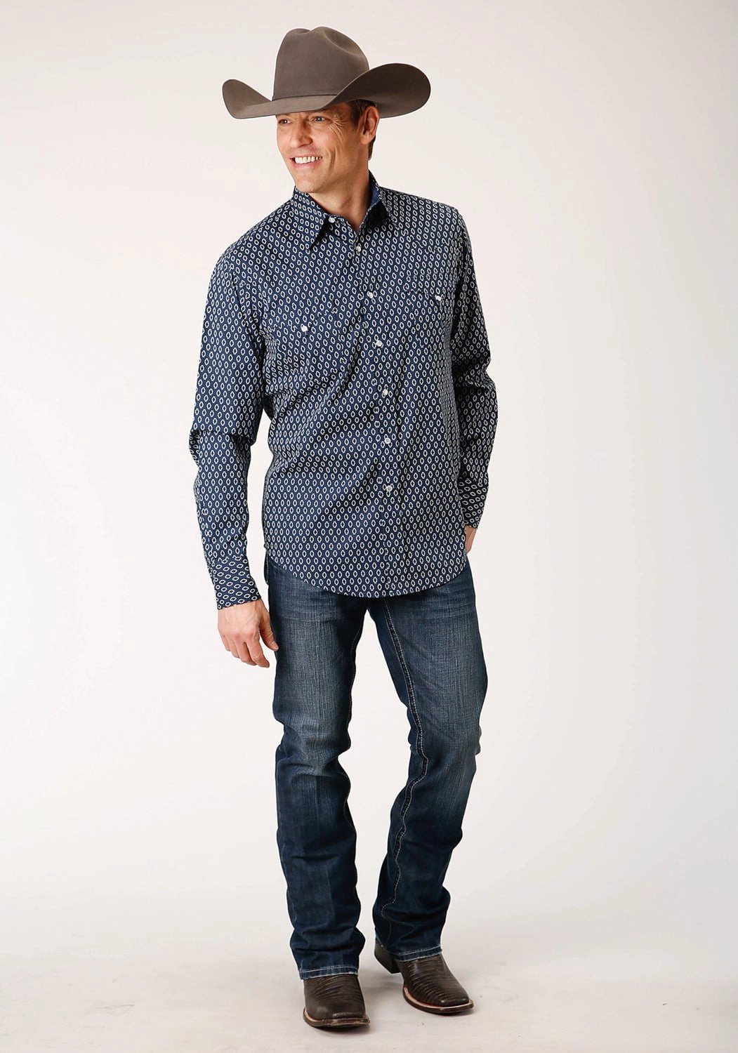 Roper Mens Midnight Geo Blue 100% Cotton L/S Shirt Edgy Fashion Lakeside Relaxation