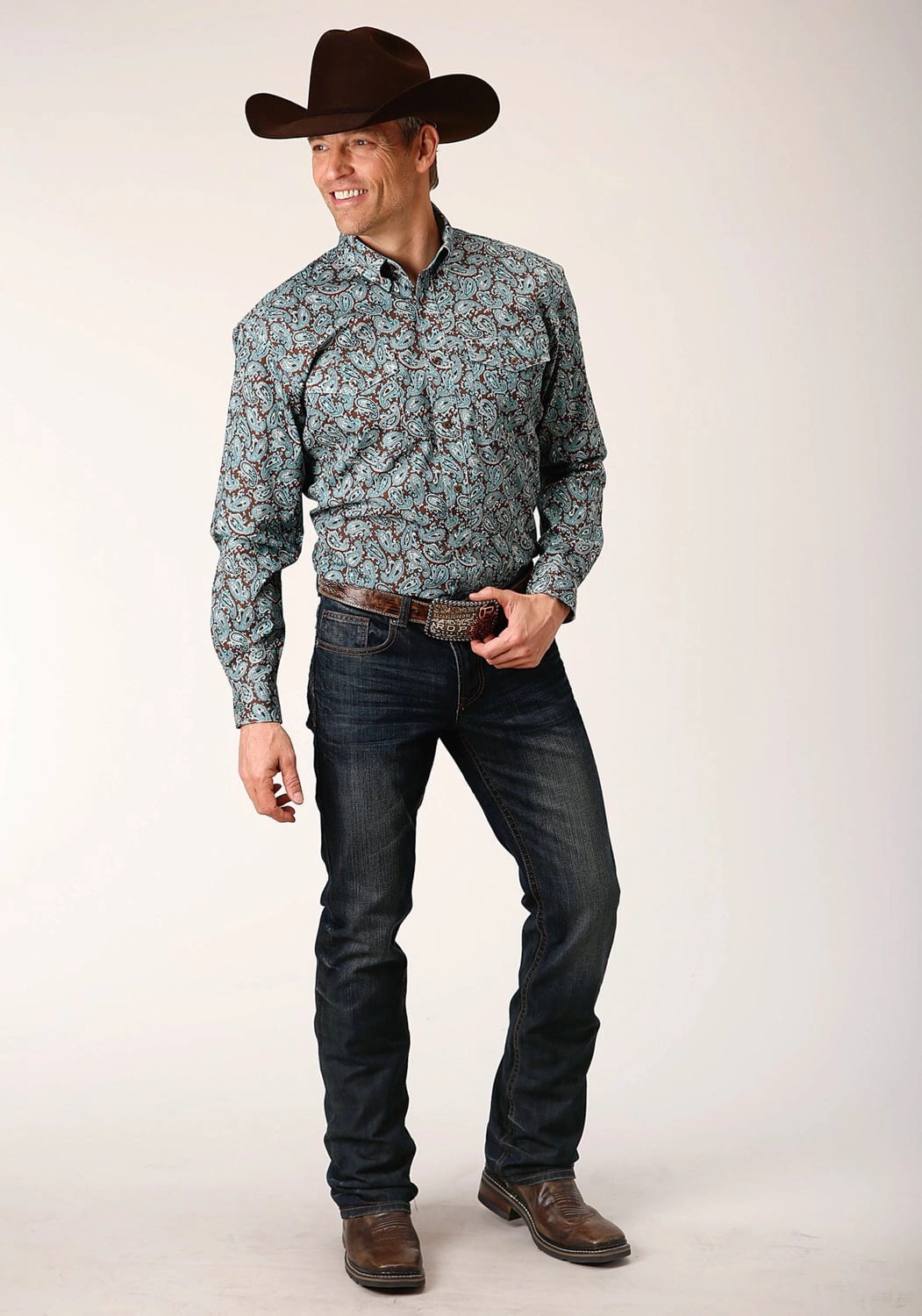 Roper Mens Mine Paisley Turquoise 100% Cotton L/S Shirt Embellished Neckline