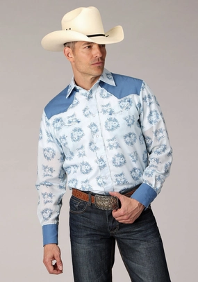 Iconic look Roper Mens Multi Floral Print Blue Cotton Blend L/S Shirt