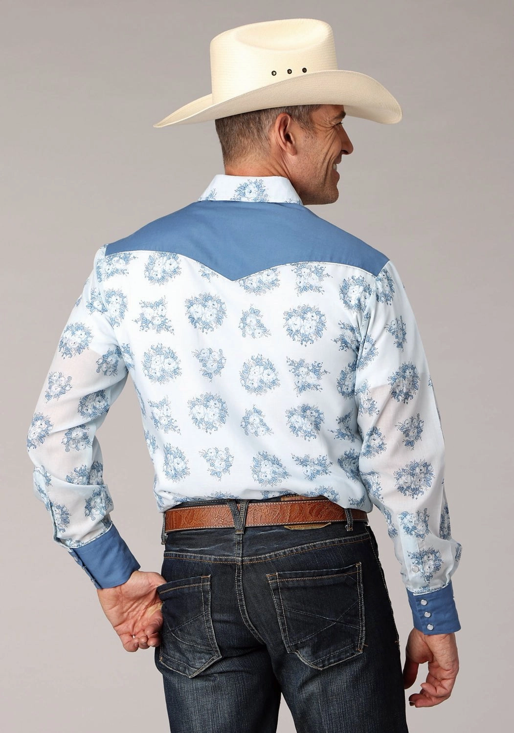 Unisex Option Breathable Lining Roper Mens Multi Floral Print Blue Cotton Blend L/S Shirt