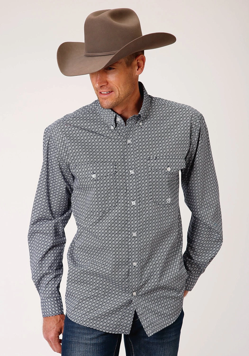 Roper Mens Navy 100% Cotton Bell Foulard BD L/S Btn Shirt Micro Perforated Texture Cruise Collection