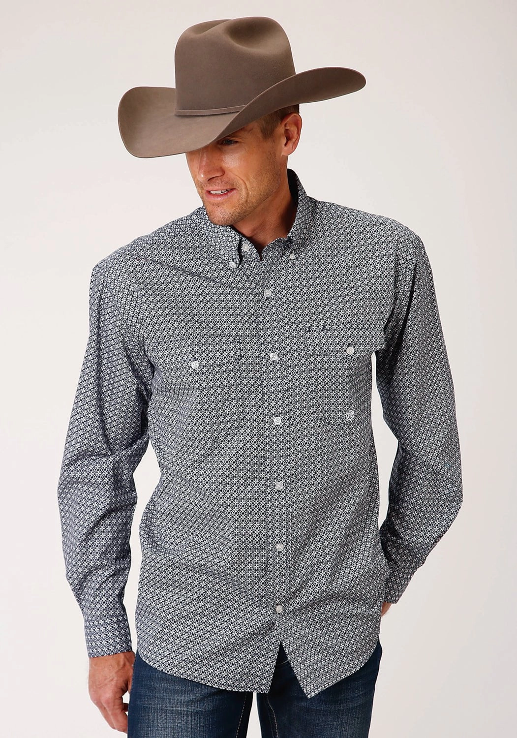 Roper Mens Navy 100% Cotton Bell Foulard BD L/S Btn Shirt Cozy Feel Reinforced Hems