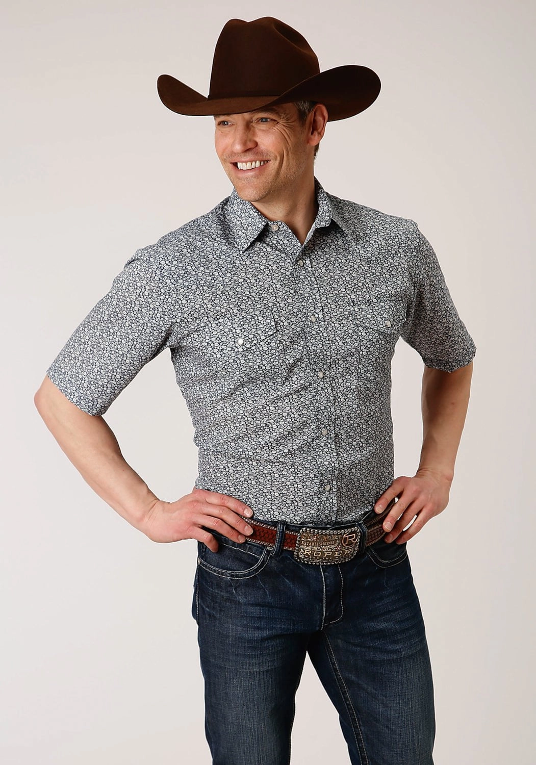 Non-irritating Roper Mens Navy/Cream Cotton Blend Floral S/S Shirt