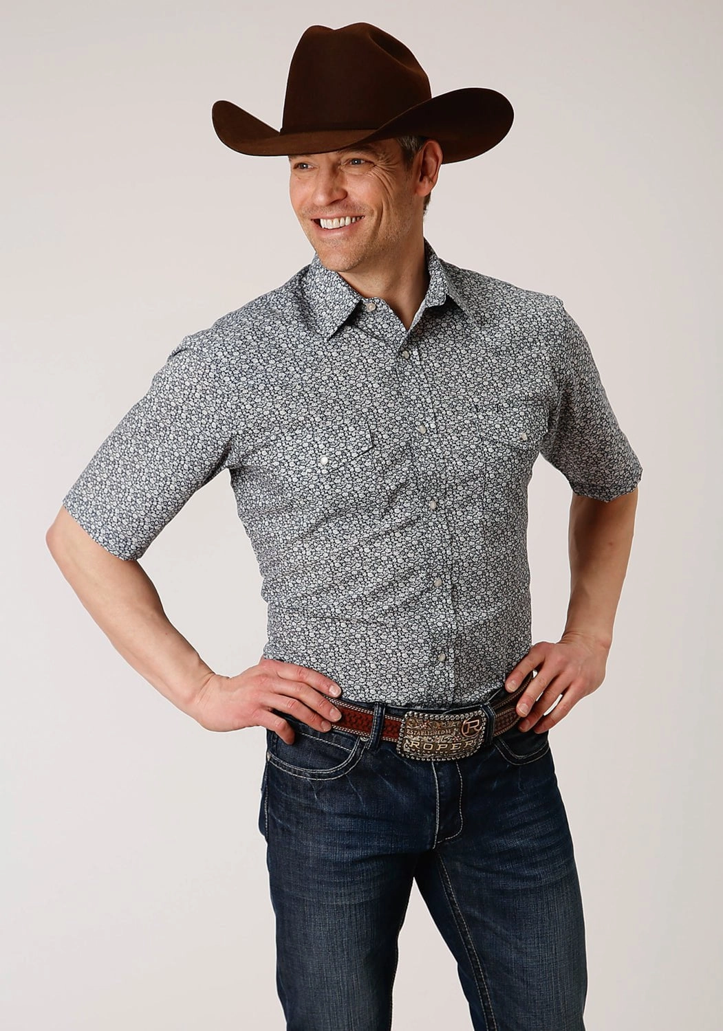 Roper Mens Navy/Cream Cotton Blend Floral S/S Shirt Reinforced Elasticity Casual Hangout