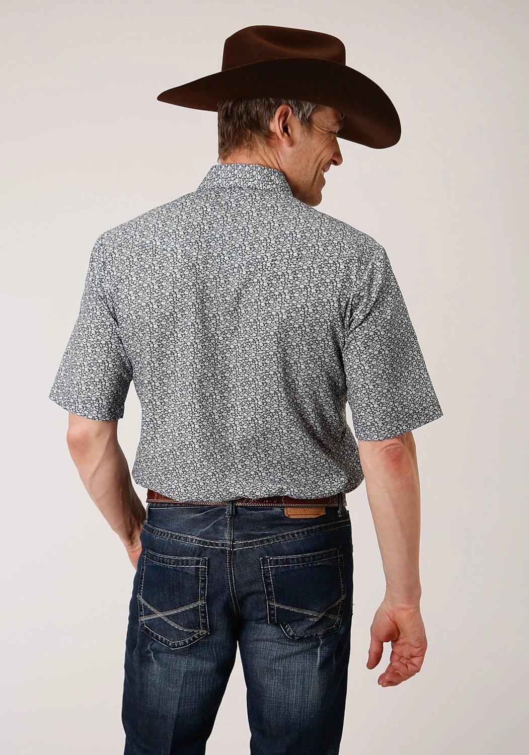 Roper Mens Navy/Cream Cotton Blend Floral S/S Shirt Stretchable Fabric