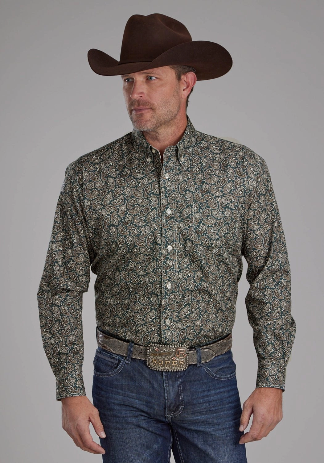 Roper Mens Oak Paisley Brown 100% Cotton 1 Pkt L/S Shirt Sophisticated Elegance