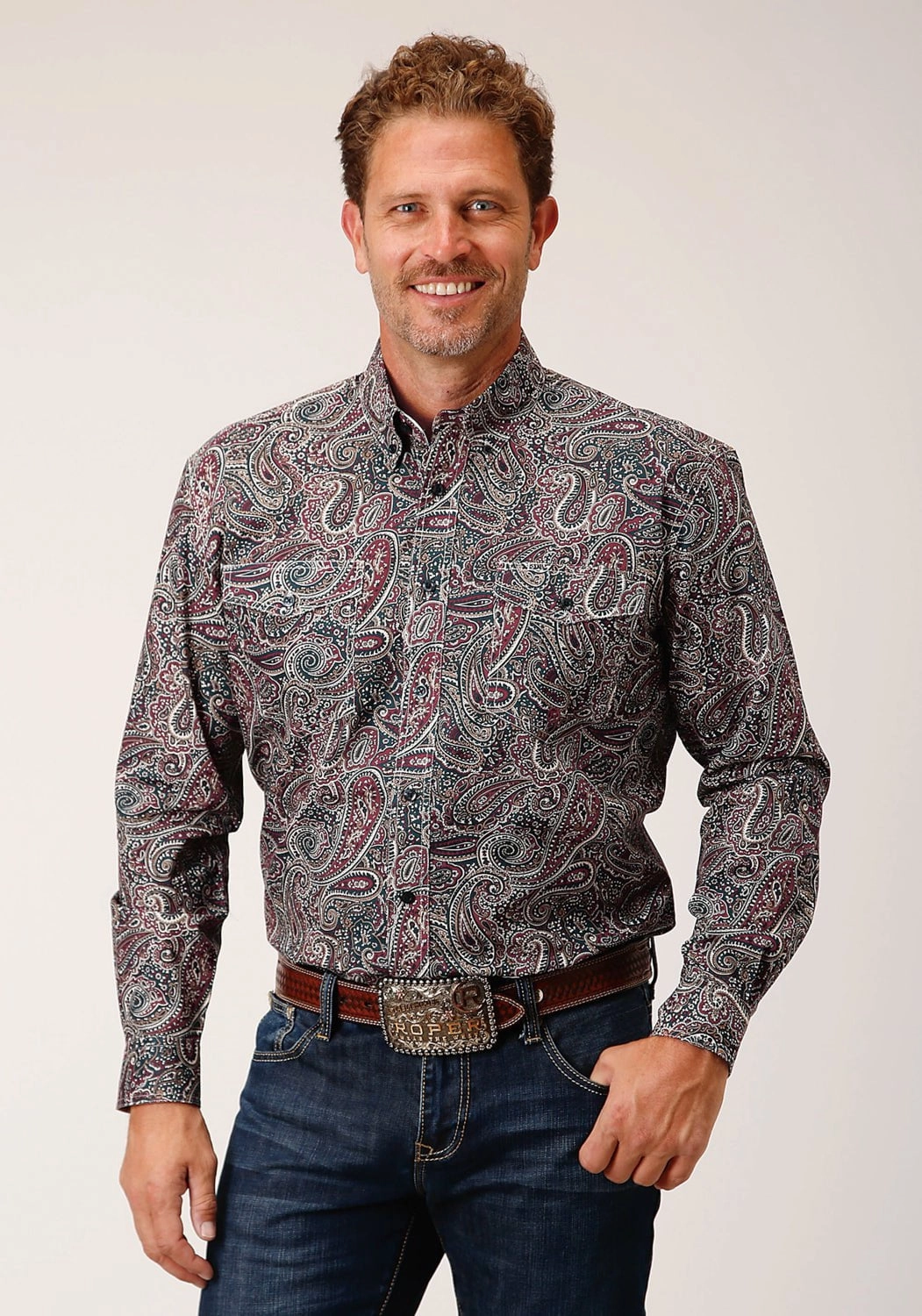 Roper Mens Old Time Paisley Multi-Color 100% Cotton L/S Shirt Soft Collar Design Non Iron Material