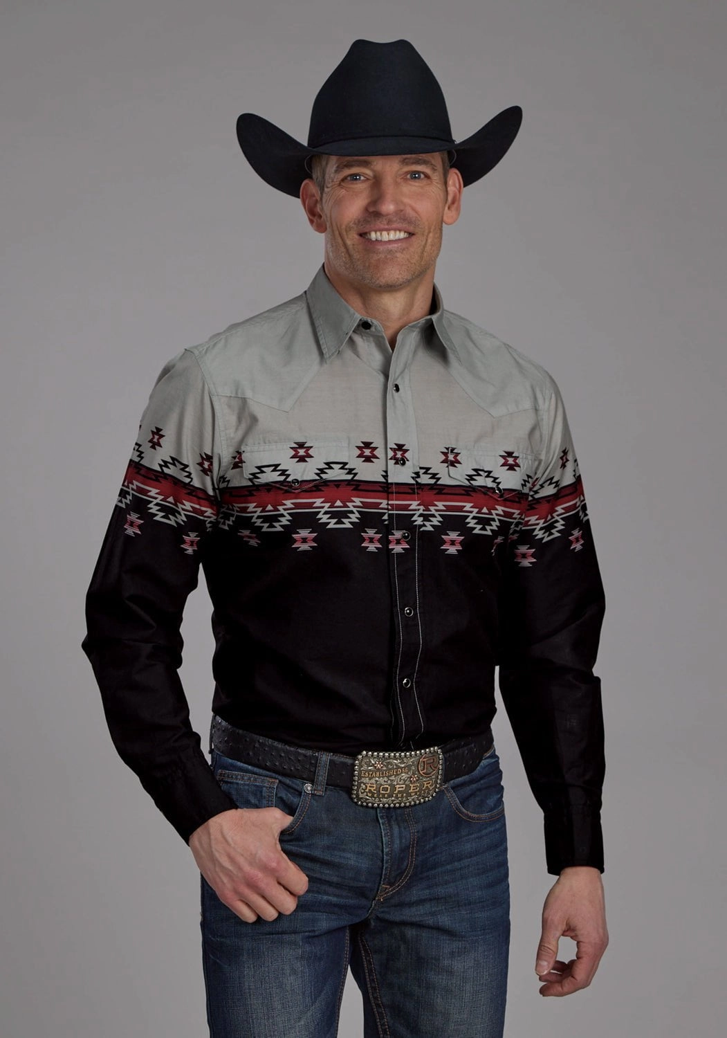 Sporty Look ethical fashion Roper Mens Ombre Aztec Border Black/Grey 100% Cotton L/S Shirt