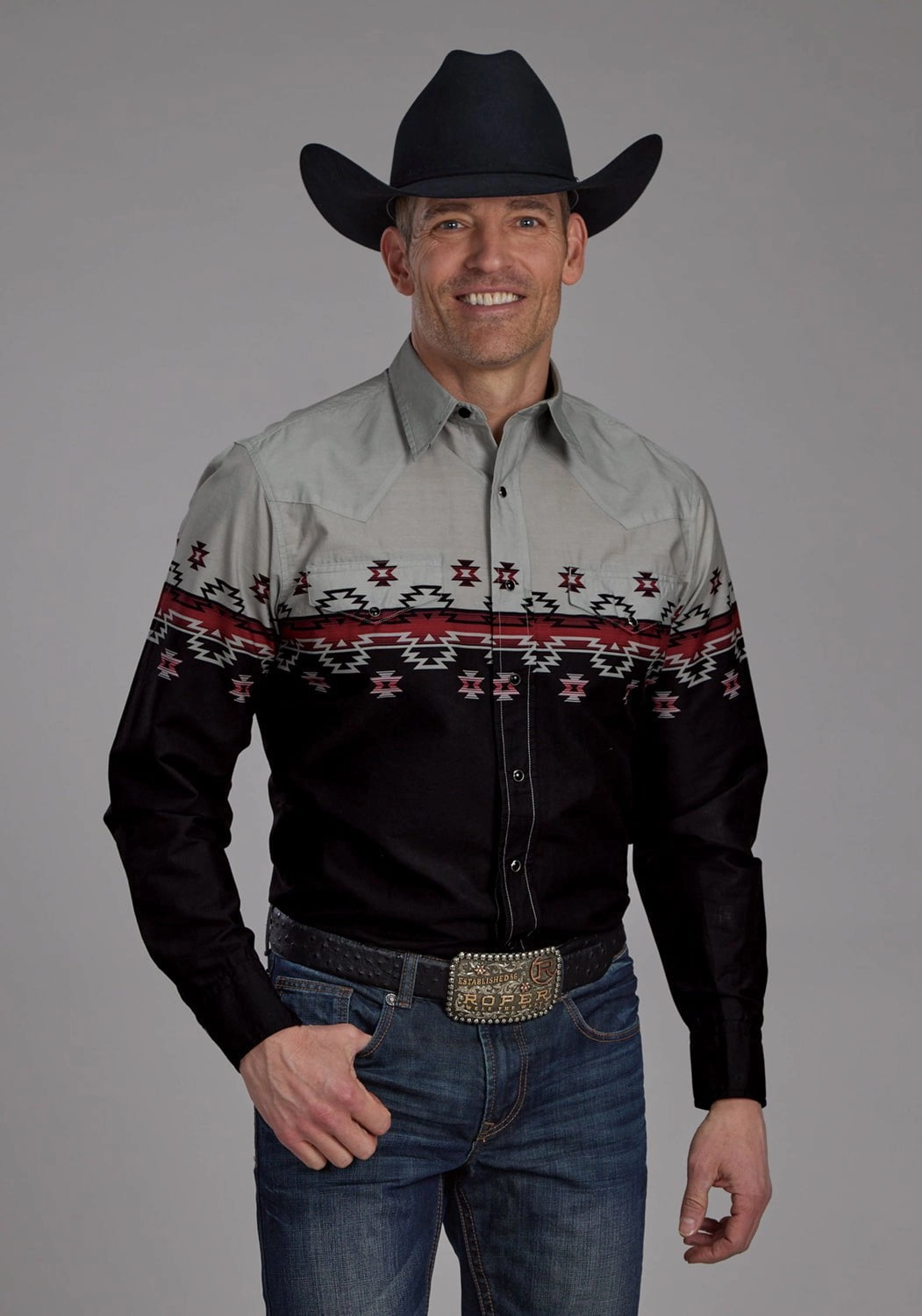 Non Restrictive Armhole Organic Cotton Roper Mens Ombre Aztec Border Black/Grey 100% Cotton L/S Shirt