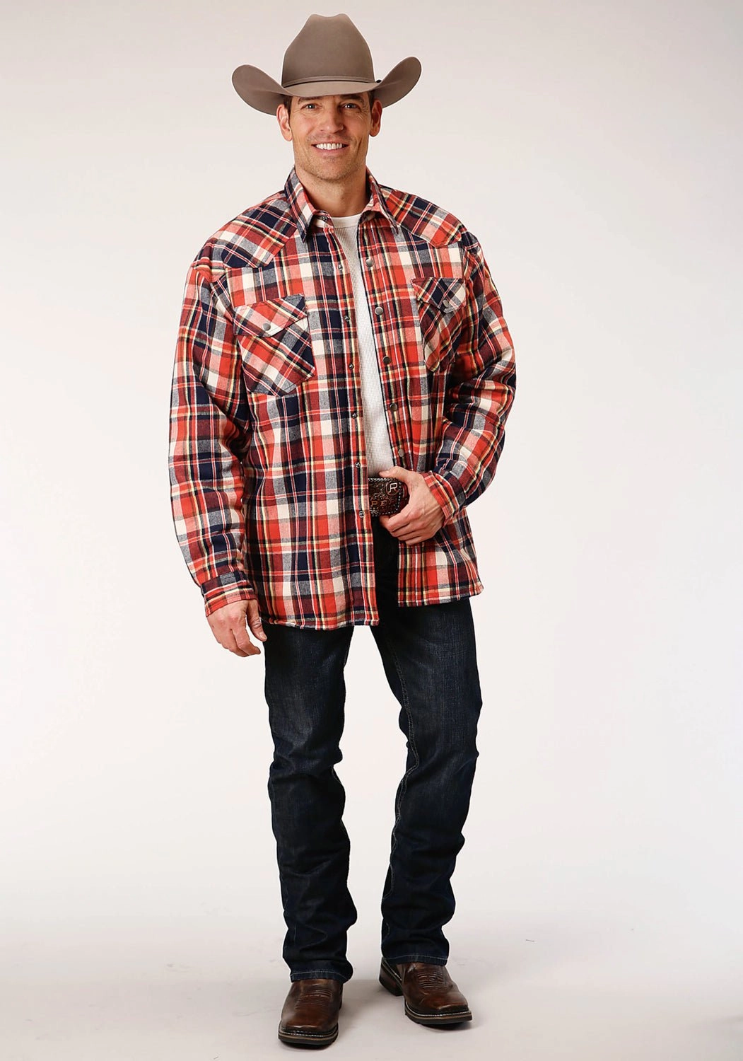 Everyday Outfit Layered Hemline Roper Mens Orange 100% Cotton Sherpa Flannel Plaid L/S Tall Shirt