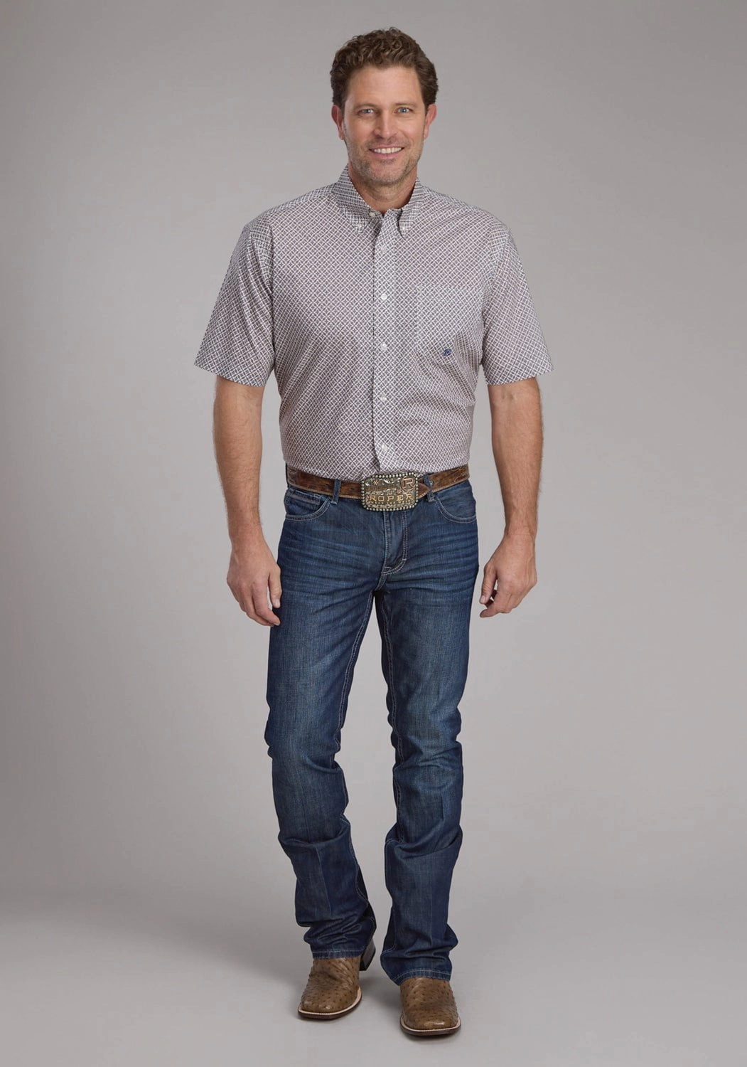 Roper Mens Pinwheel Foulard Tan 100% Cotton 1 Pkt S/S Shirt fade resistant color Comfort Wear