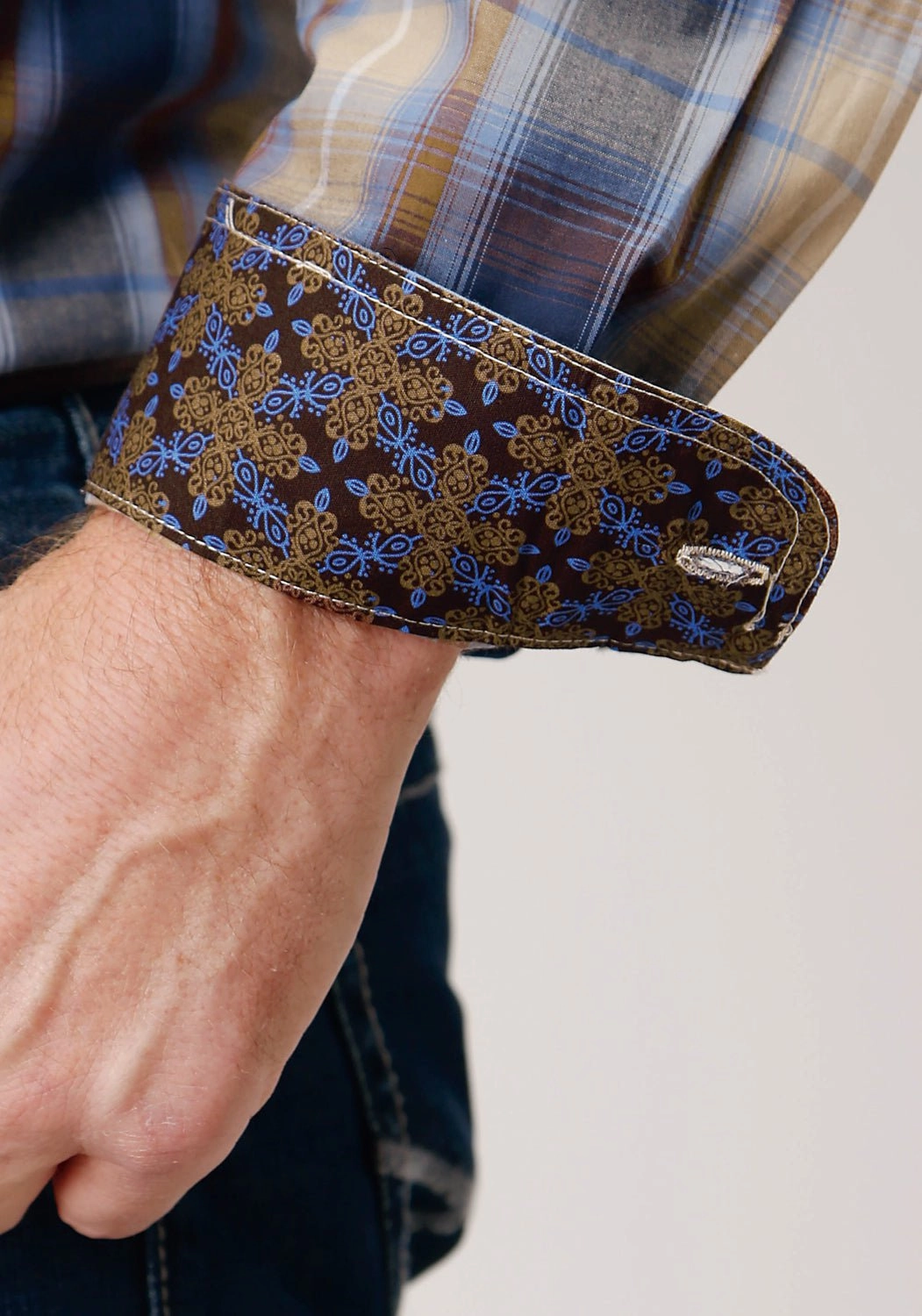 Roper Mens Ranch Plaid Brown 100% Cotton L/S Shirt Layered Look