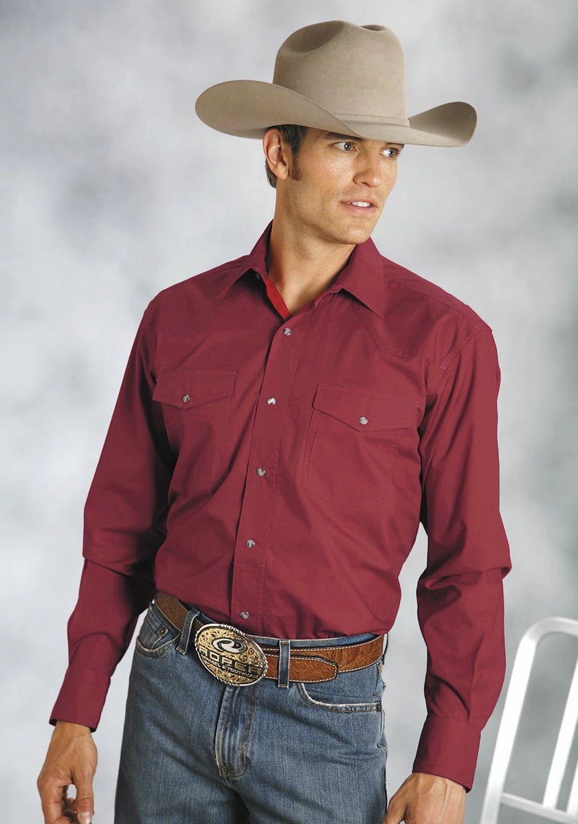 All-Ages Fit Roper Mens Red 100% Cotton L/S Snap 1 Pt Back Yoke Poplin Western Shirt