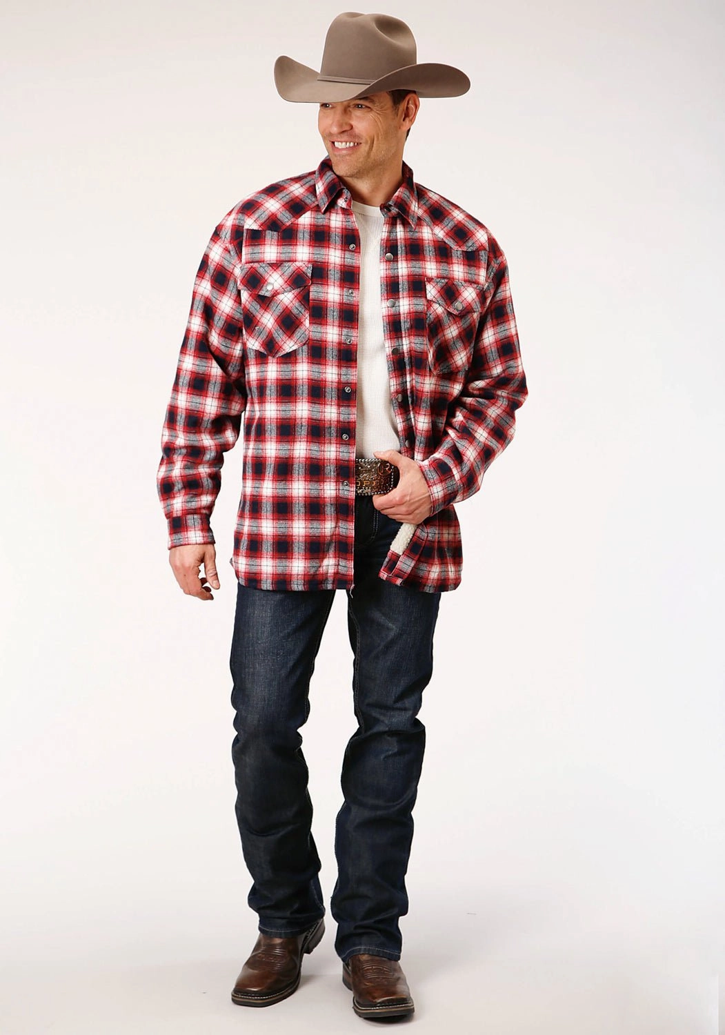 Midweight Textile Roper Mens Red 100% Cotton Sherpa Flannel Plaid L/S Shirt