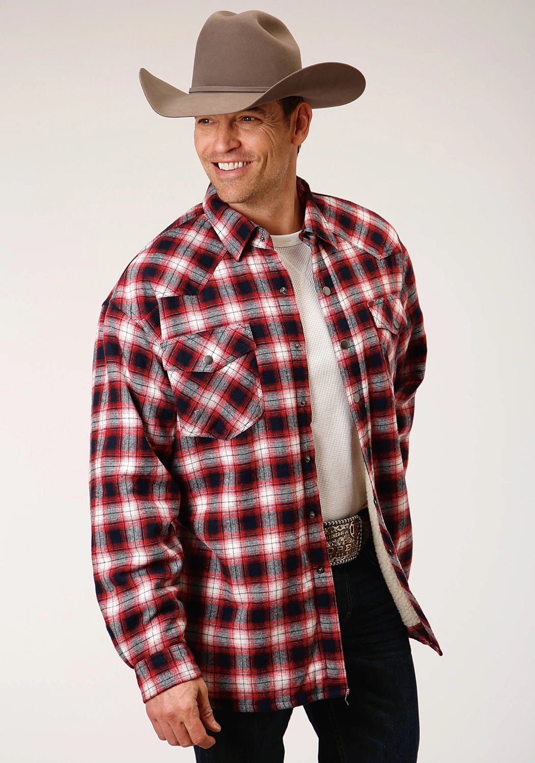 Polished Placket Roper Mens Red 100% Cotton Sherpa Flannel Plaid L/S Shirt