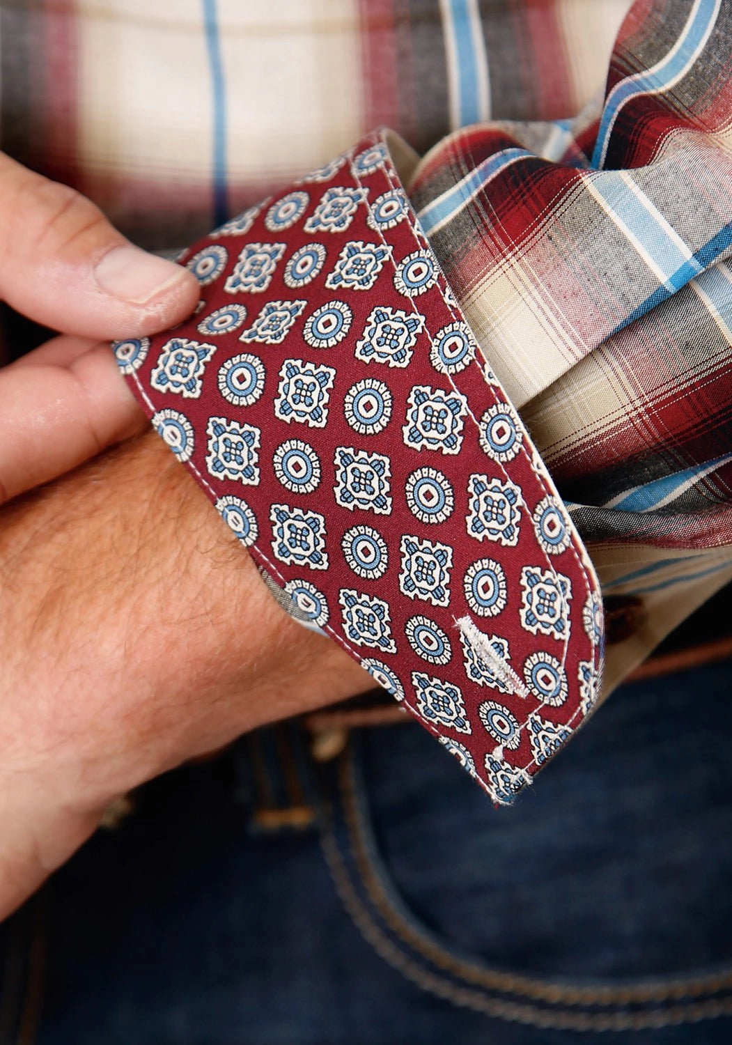 Flatlock stitching Sports Ready Roper Mens Red Canyon Plaid Red 100% Cotton L/S Shirt