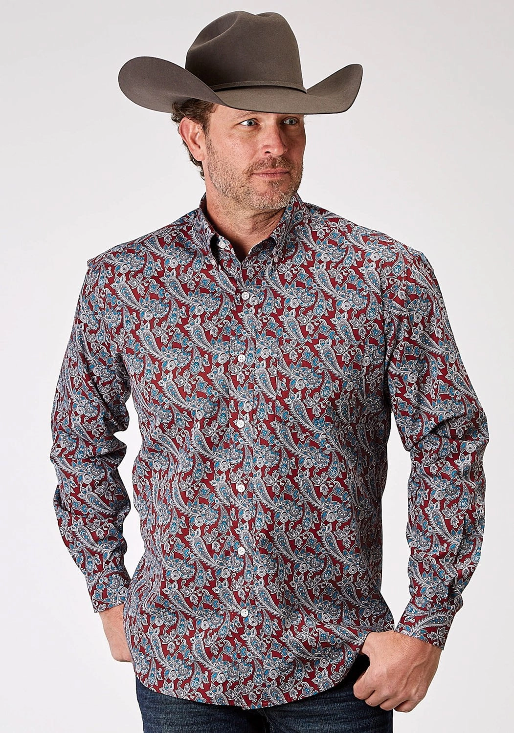 Petite Cut Sustainable production Roper Mens Red River Paisley Red 100% Cotton L/S Shirt