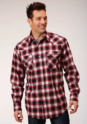 Roper Mens Red/White 100% Cotton Unlined Flannel Plaid L/S Tall Shirt Tall Length Asymmetrical Cut