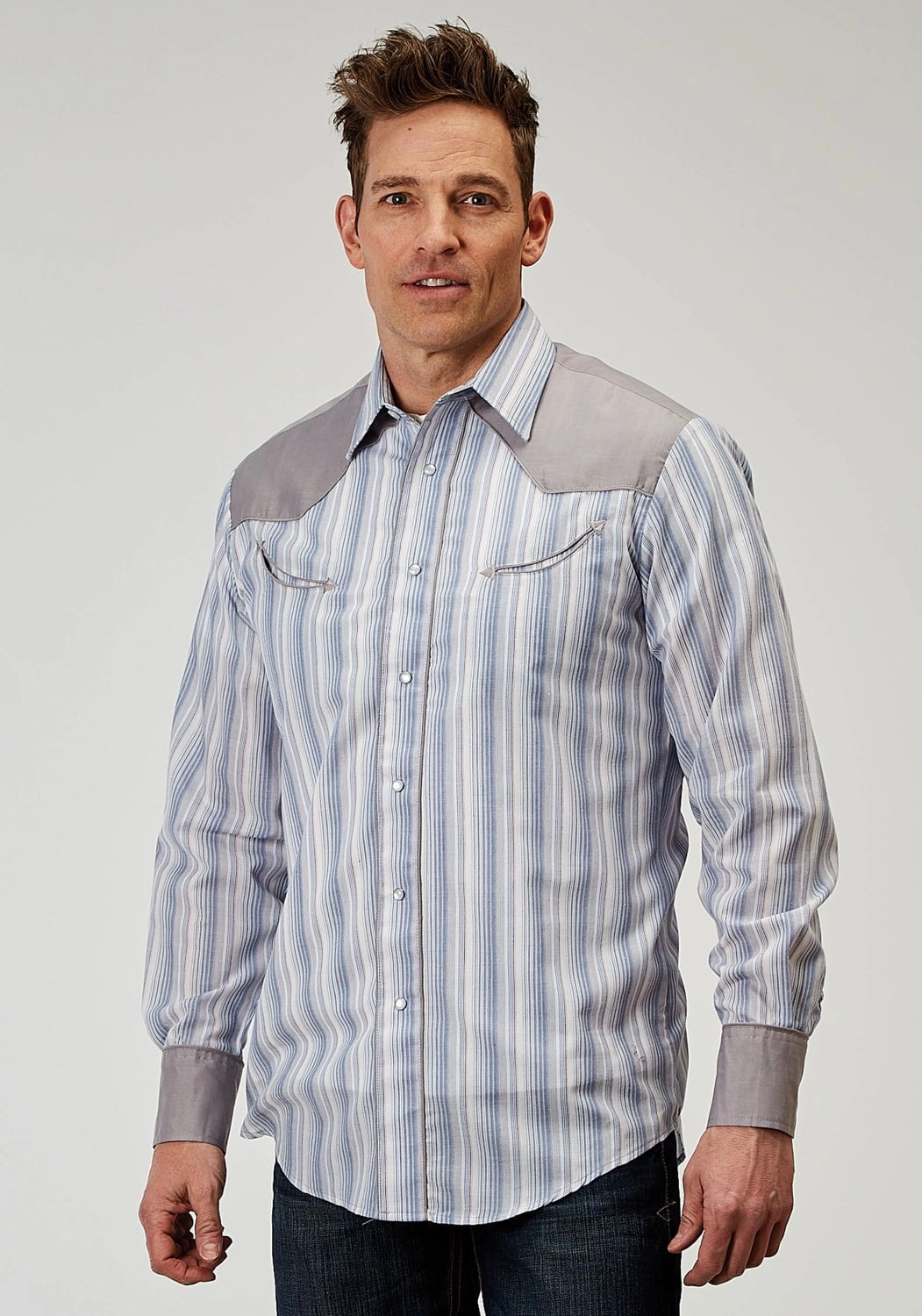 Wrinkle-Resistant Classic Look Roper Mens Retro Piped Fancy Blue Cotton Blend L/S Shirt