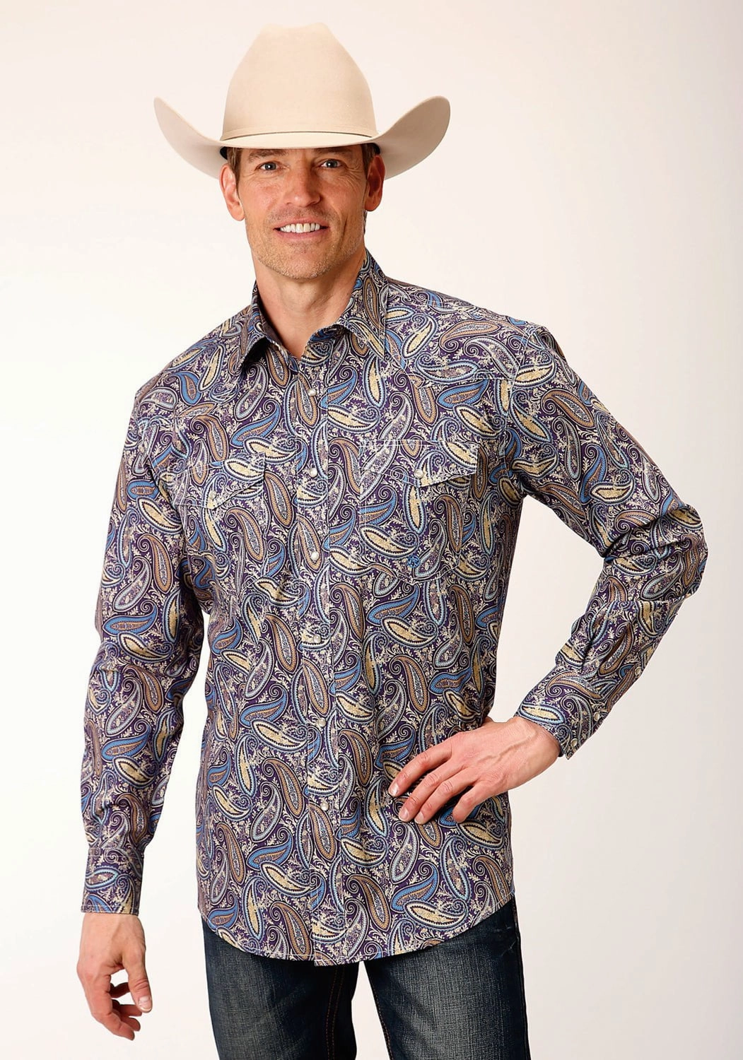 Roper Mens Royal Paisley Multi-Color 100% Cotton L/S Shirt Pure Cotton Sleek Silhouette