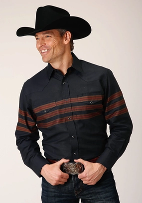 Neutral Shade Roper Mens Saddle Border Stripe Black Cotton Blend L/S Shirt