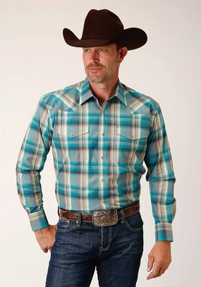 Roper Mens Sandy Plaid Turquoise 100% Cotton L/S Shirt Mature appeal