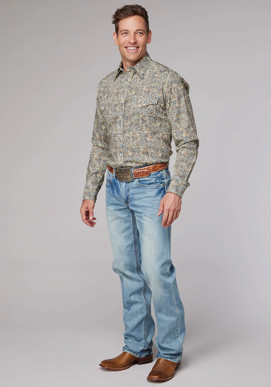 Roper Mens Sketchy Paisley Brown 100% Cotton L/S Shirt Anti Odor Treatment