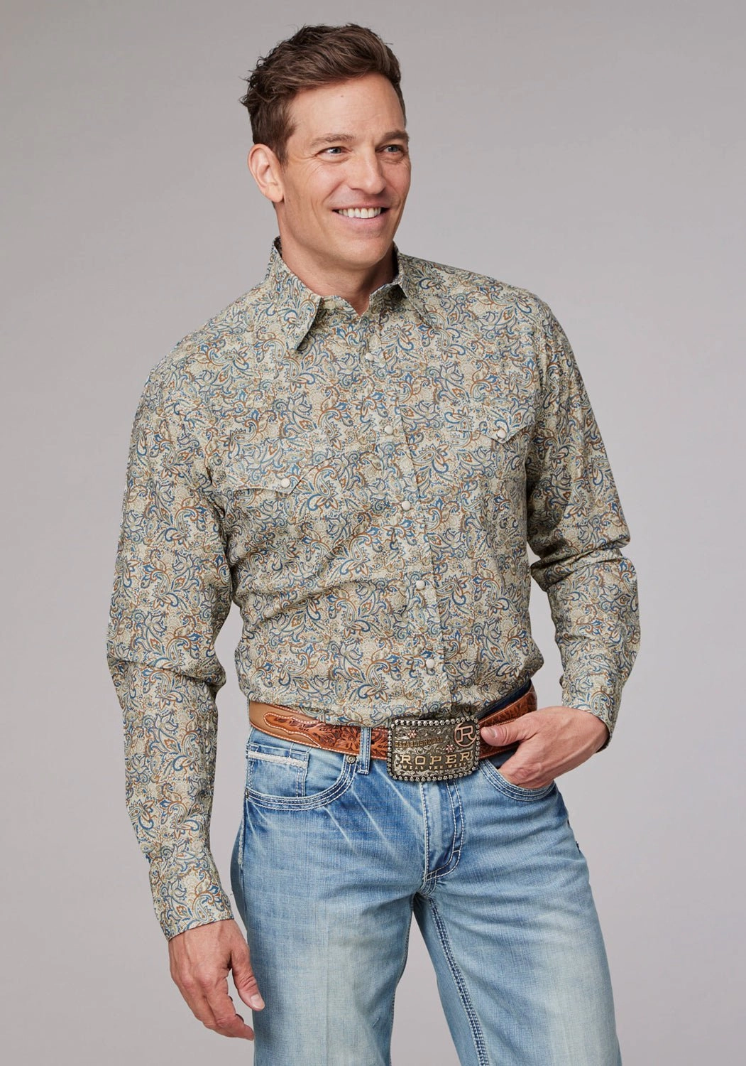 Abrasion Resistant Edges Wrinkle-Resistant Roper Mens Sketchy Paisley Brown 100% Cotton L/S Shirt