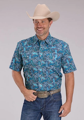 Roper Mens Sky Paisley Blue 100% Cotton S/S Shirt Seamless Sides