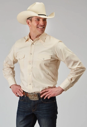 Roper Mens Solid Broadcloth Warm Ecru Cotton Blend L/S Shirt Contemporary Style Versatile Layering Piece