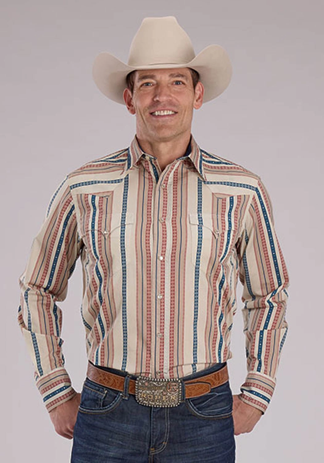Workwear Ready Roper Mens Southwest Vertical Stripe Tan/Cream 100% Cotton L/S Shirt