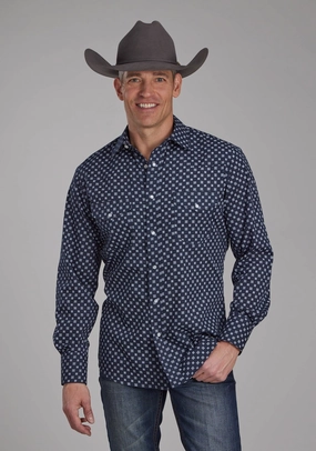 UV Protection Versatile Layering Roper Mens Squares Print Navy/White Cotton Blend L/S Shirt