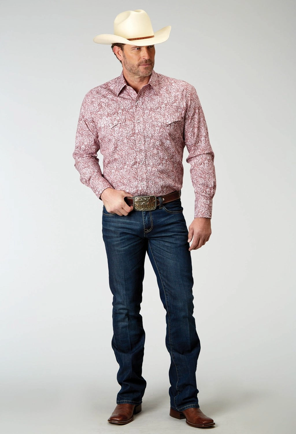 Roper Mens Stretch Paisley Red Cotton Blend L/S Shirt Breathable back panel