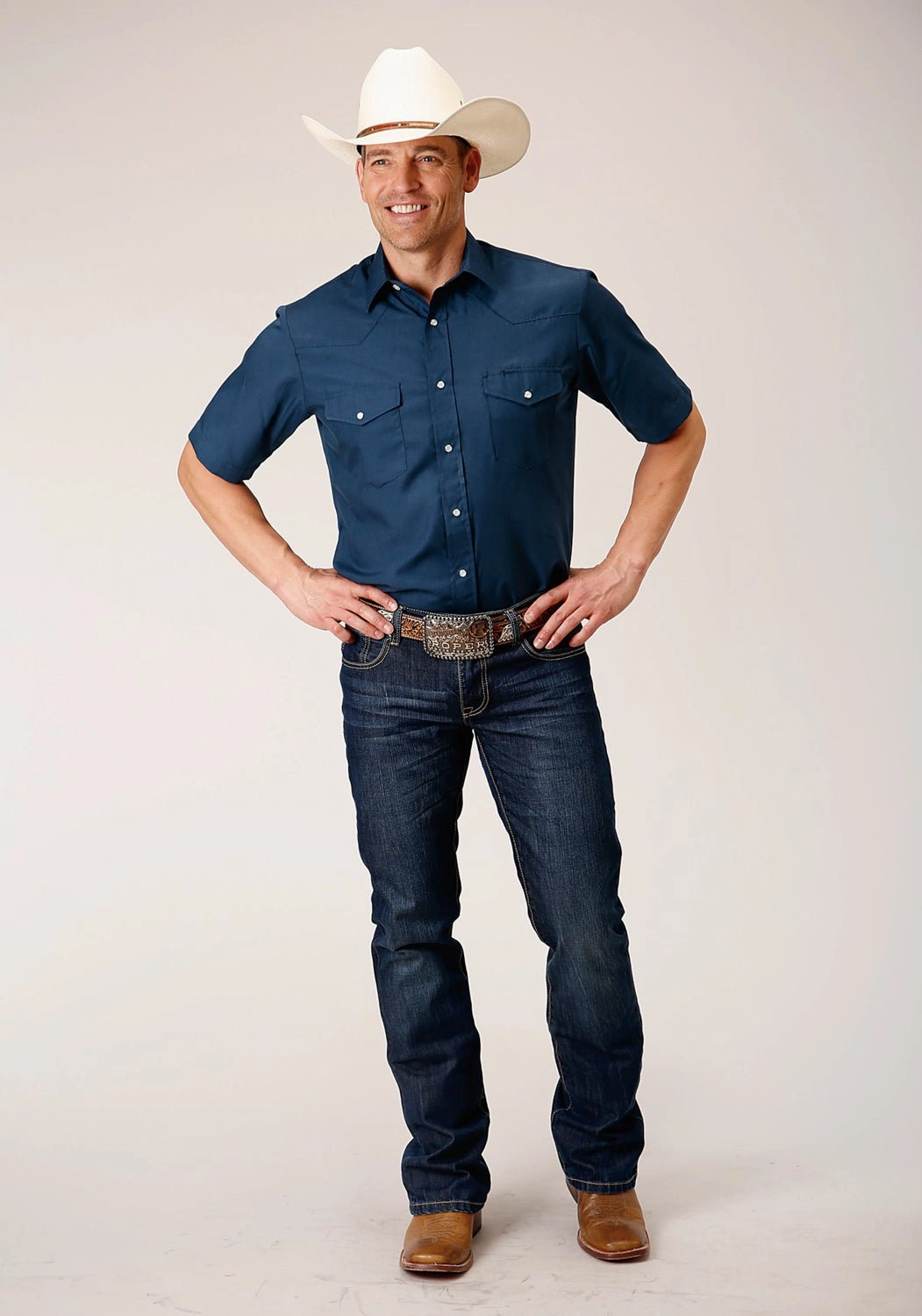 Sporty Look All Purpose Weave Design Roper Mens Summer Broadcloth Blue Cotton Blend S/S Shirt