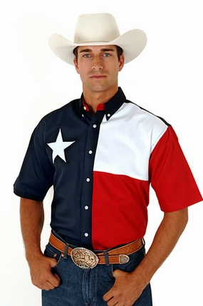 Elegant Finish Mesh Insert Roper Mens Texas Star Flag Navy/White 100% Cotton Btn S/S Shirt