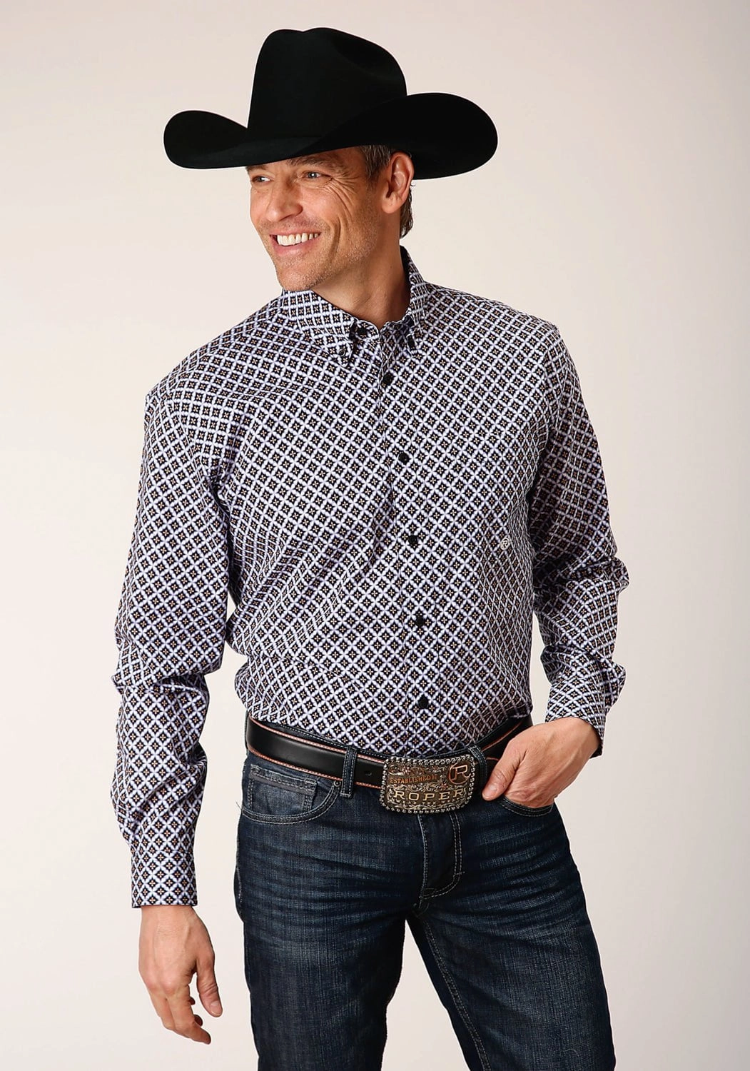 Youthful Appeal Anti Pilling Finish Roper Mens Tile Pattern Foulard Black 100% Cotton L/S Shirt