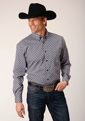 Cool Comfort Roper Mens Tile Pattern Foulard Black 100% Cotton L/S Shirt