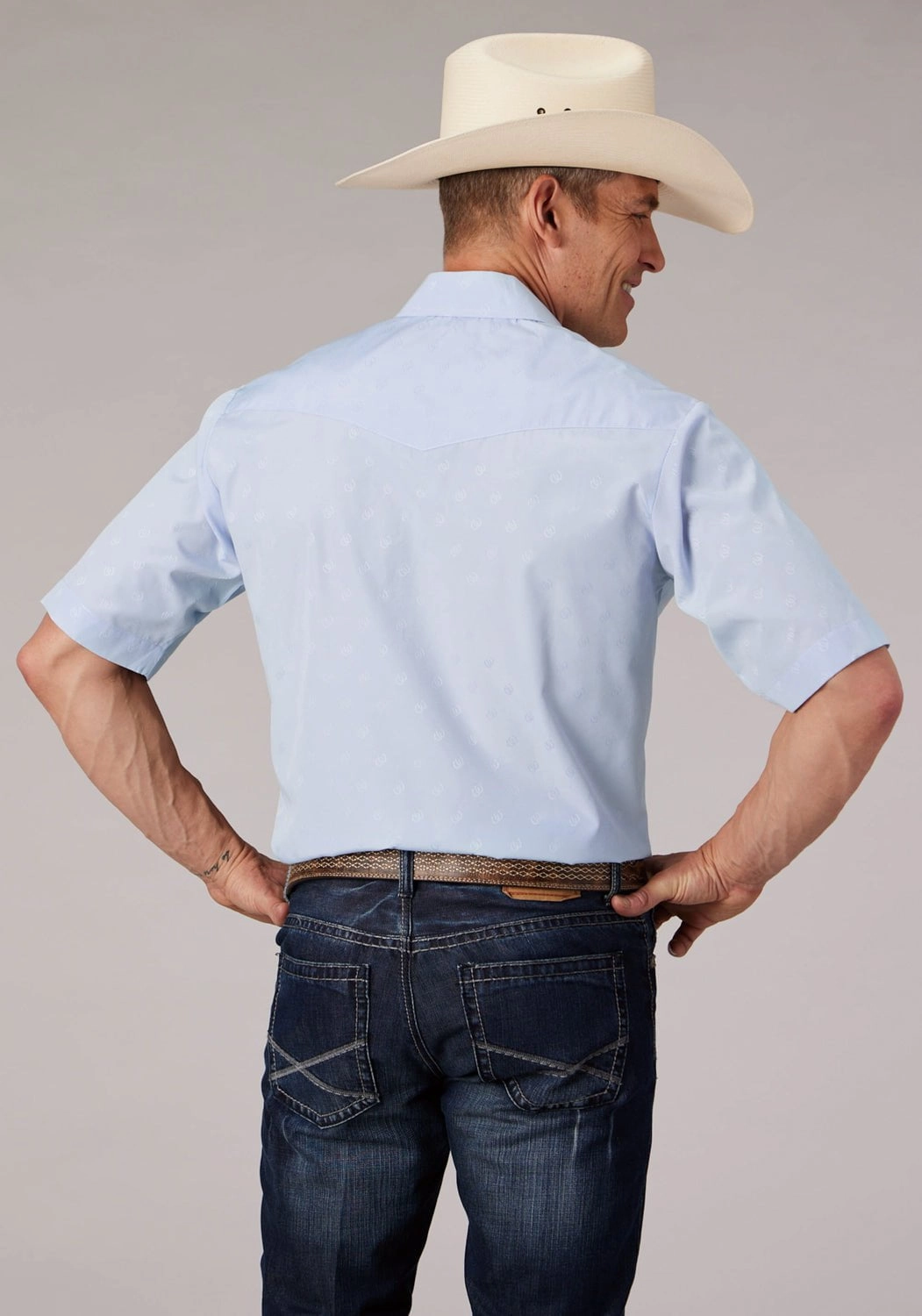 Roper Mens Tone on Tone Horseshoes Blue Poly/Cotton S/S Shirt Soft Touch Minimalist Style