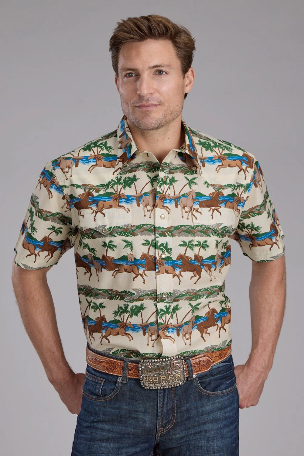 Roper Mens Tropical Horses Brown/Green 100% Cotton S/S Shirt Reinforced Seams