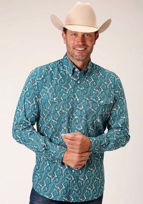 Ventilated Back Panel Roper Mens Turquoise 100% Cotton Upstream Paisley BD L/S Btn Shirt