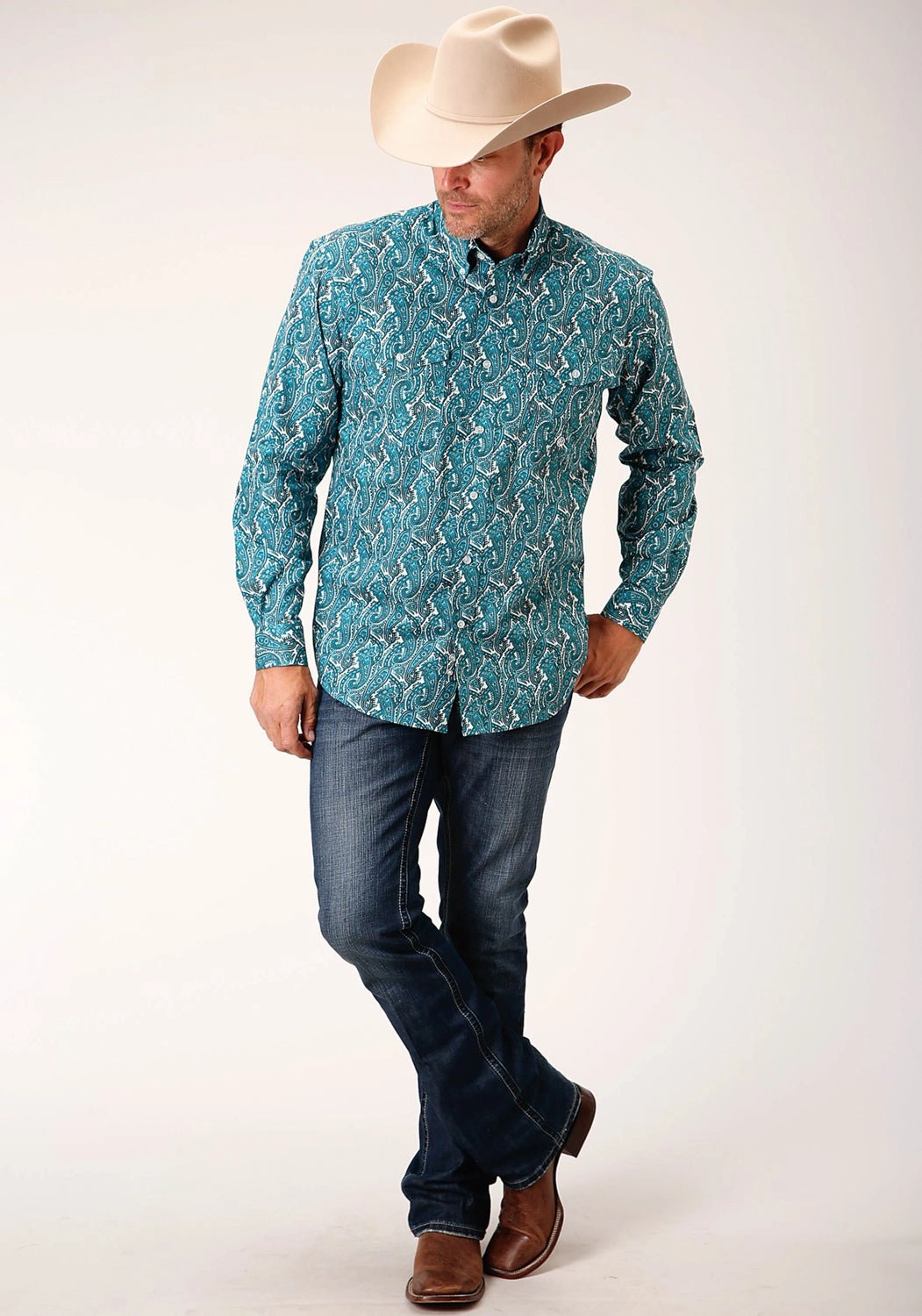 Roper Mens Turquoise 100% Cotton Upstream Paisley BD L/S Btn Shirt Luxury Feel Modern Appeal