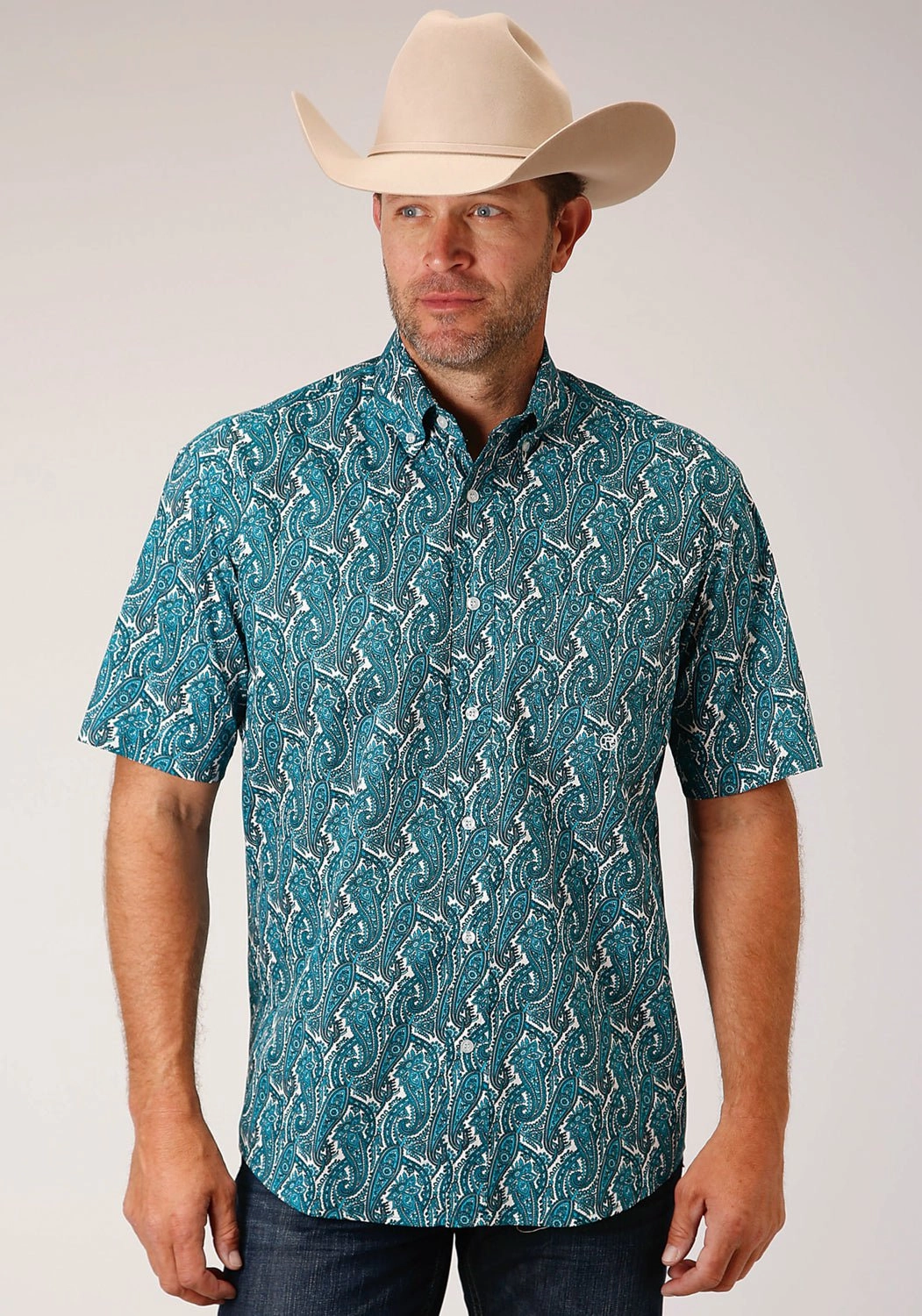 Roper Mens Turquoise 100% Cotton Upstream Paisley BD S/S 1 Pkt Shirt Practical Choice Youthful Style
