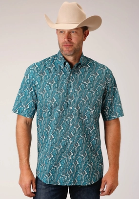 Roper Mens Turquoise 100% Cotton Upstream Paisley BD S/S 1 Pkt Shirt Layering Essential