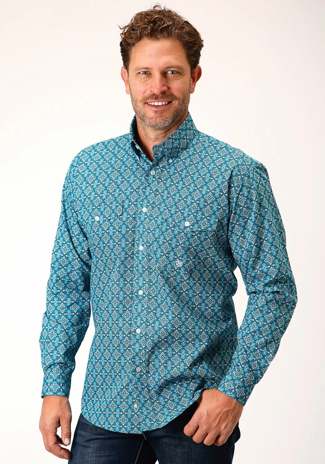 Roper Mens Turquoise 100% Cotton Victorian Foulard BD L/S Btn Shirt Edgy Fashion Snug feel