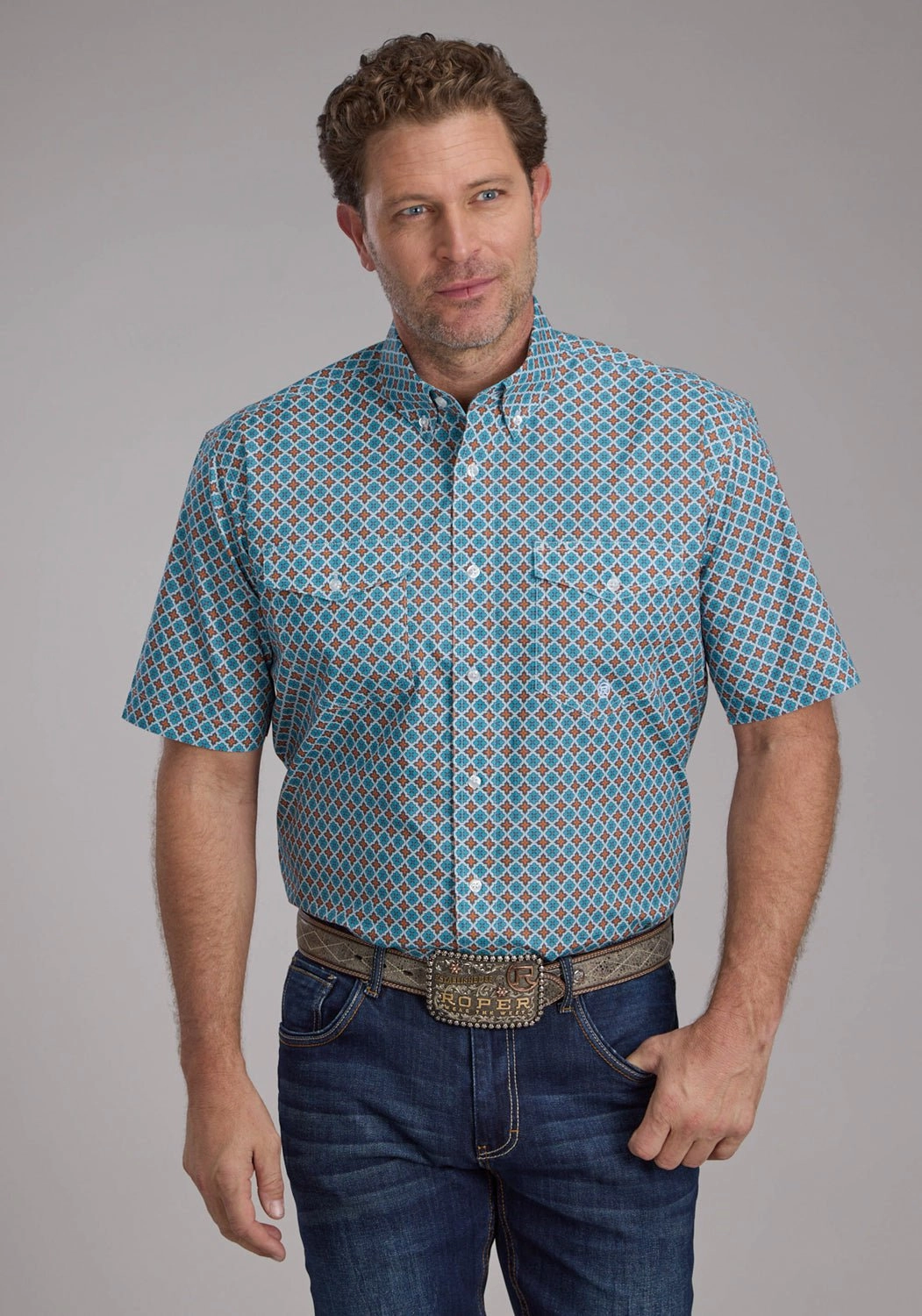 Geometric Design Roper Mens Turquoise Tile Foulard Blue 100% Cotton Btn S/S Shirt