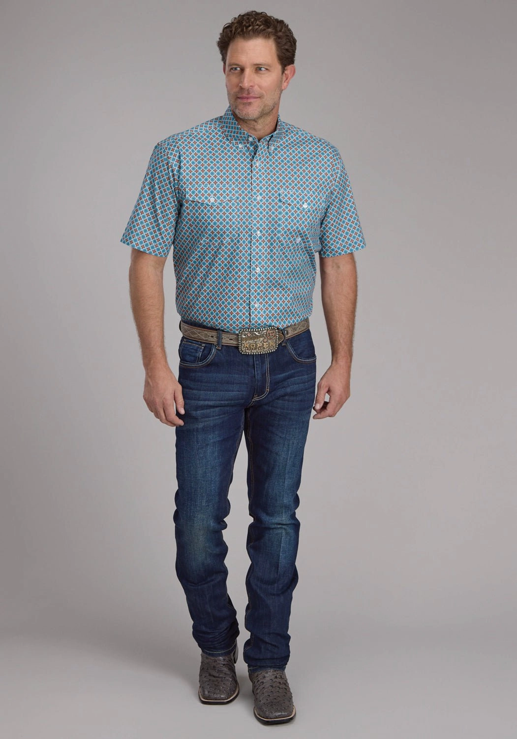 Neutral Toned Stitching shopping spree Roper Mens Turquoise Tile Foulard Blue 100% Cotton Btn S/S Shirt