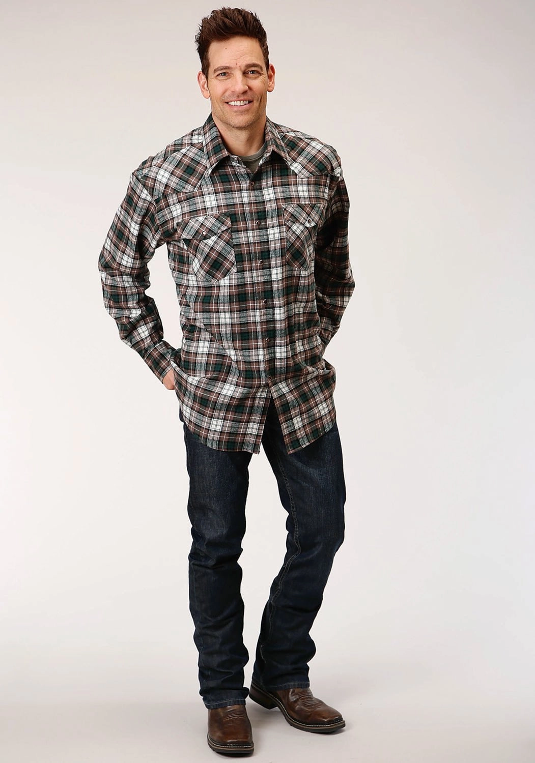 Flexible Shoulder Panels Stretchable Material Roper Mens Unlined Plaid Tan 100% Cotton L/S Shirt