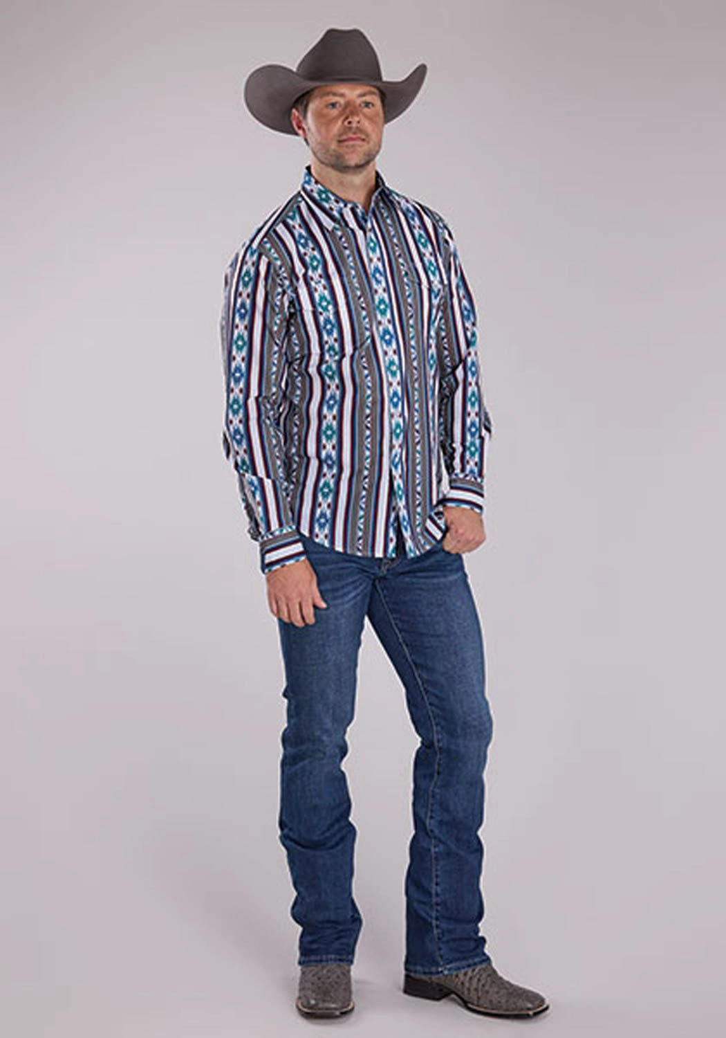 Roper Mens Vertical Retro Stripe Grey 100% Cotton L/S Shirt Essential Wardrobe Polka Dot